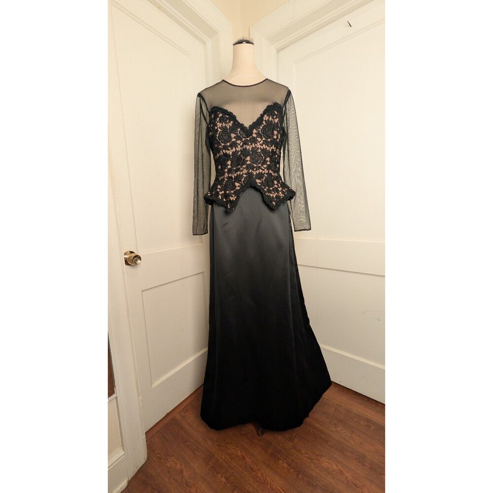 VTG Anthony Vask Evening Gown Black Satin w/Rose Embroidered Bodice NWT Size 10